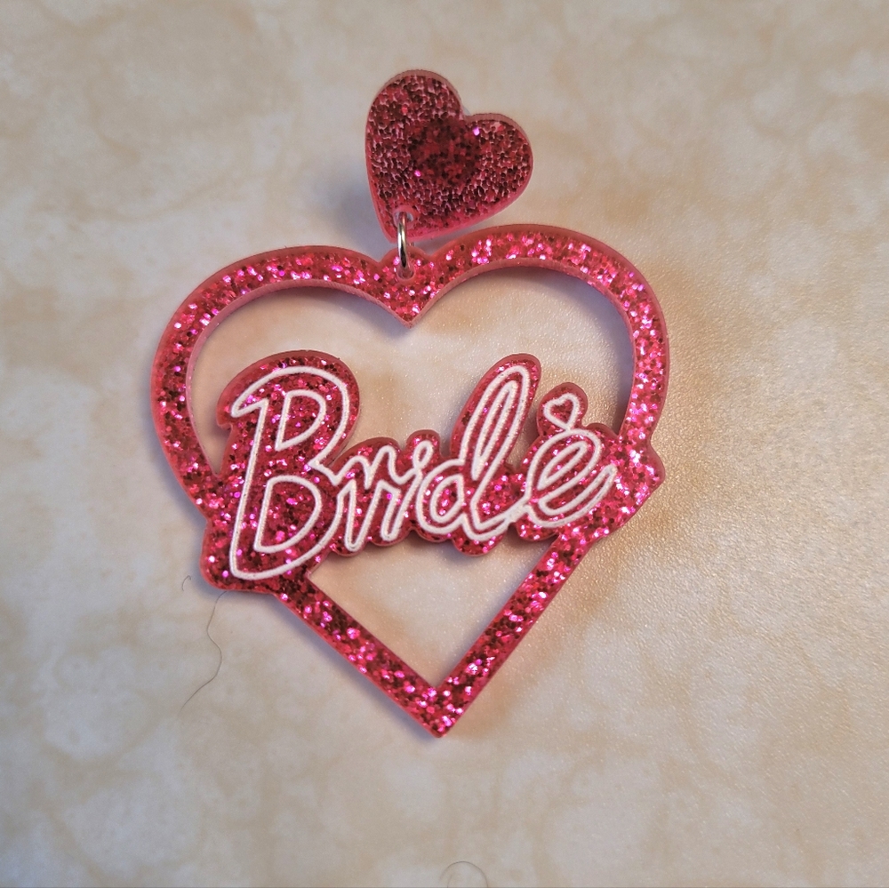 Bride Heart Drop Earrings - Hot Pink Glitter - Picture 5 of 6